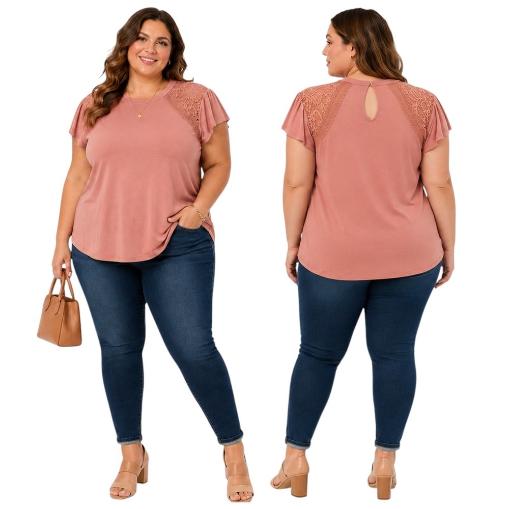 Torrid Crepe Blouse Lace Inset Flutter Sleeves Romantic Coral‎ Size 5X
